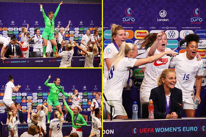 England heroes crash Sarina Wiegman’s press conference, sing and dance in the changing room to celebrate winning Euro 2022 and fans get to party in Trafalgar Square with victorious players who want World Cup glory next